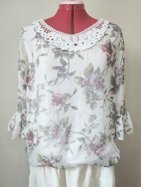 Silk Blouse With Lace-Trim Neck White with Pink & Green Floral Made In Italy